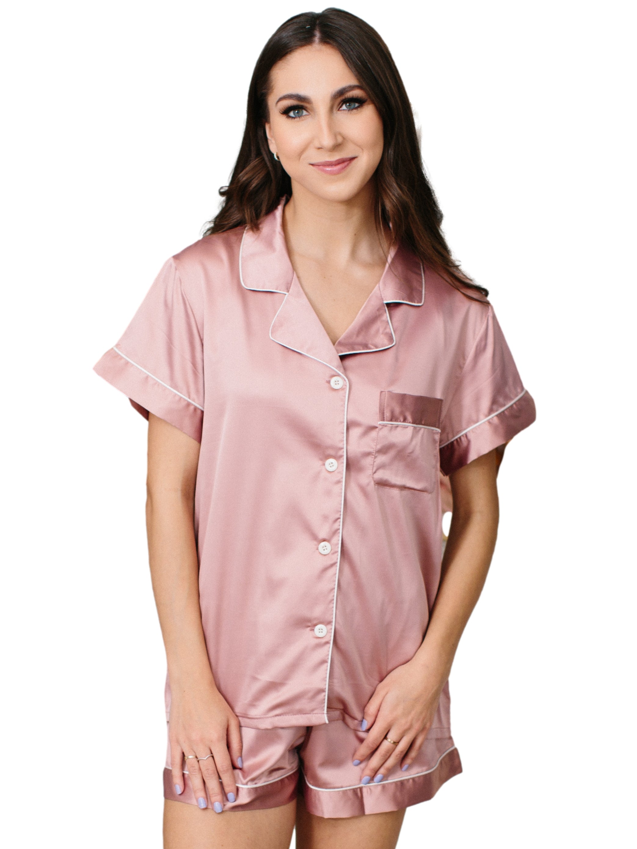 Women Silk Satin Pajamas Set Short Sleeve Button-Down Sleepwear Home  Loungewear
