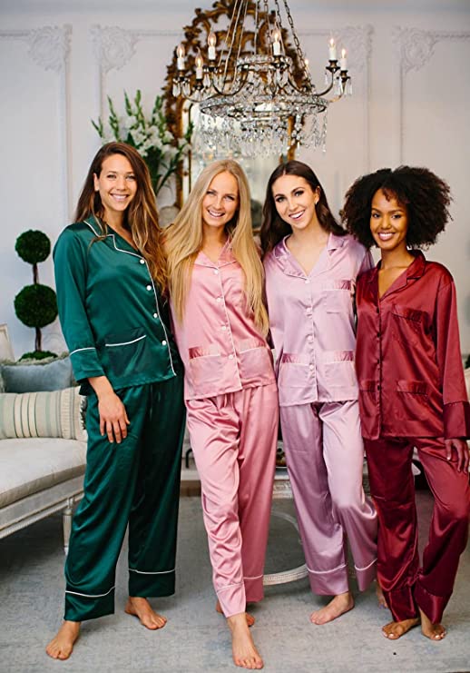 Belle's Design Women's Silk Satin Pajama Button Down Long Sleeve and Pants  Set Sleepwear Loungewear S To XXL (Burgundy, Small) at  Women's  Clothing store