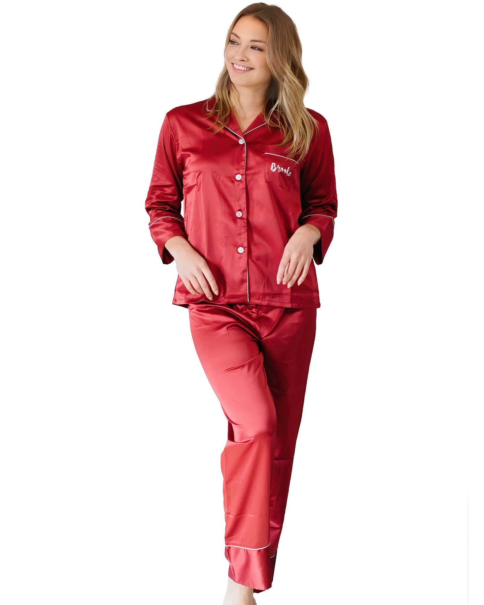 Belle's Design Women's Silk Satin Pajama Button Down Long Sleeve and Pants  Set Sleepwear Loungewear S To XXL