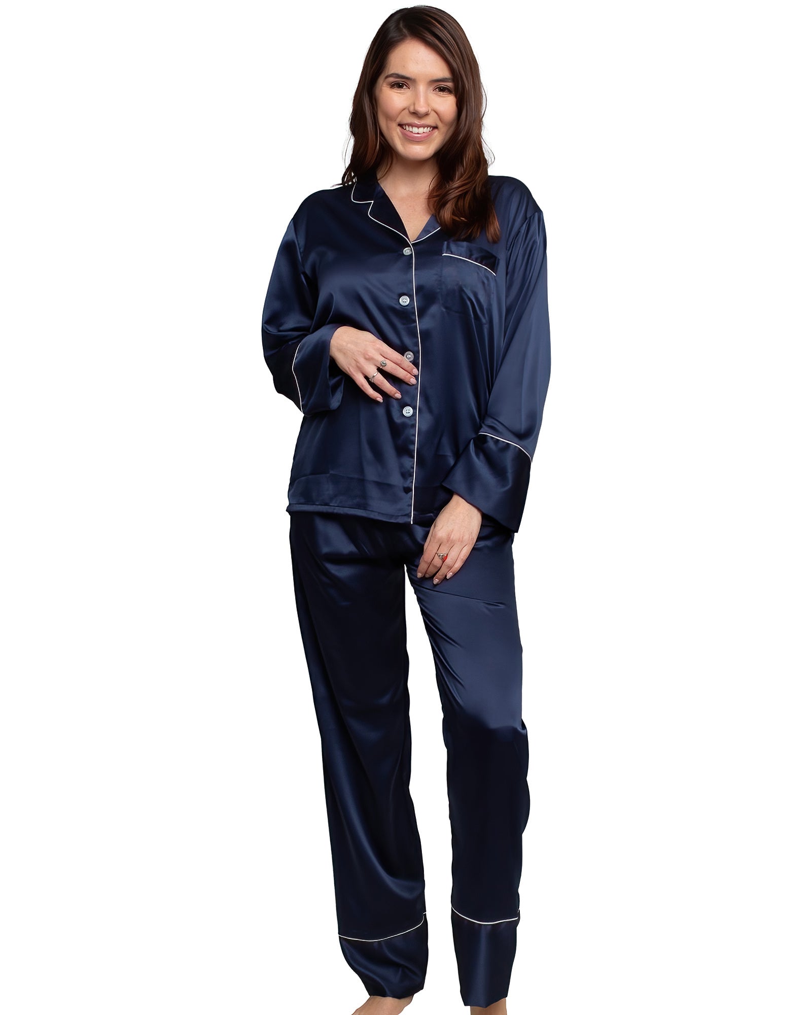 Belle's Design Women's Silk Satin Pajama Button Down Long Sleeve and Pants  Set Sleepwear Loungewear S To XXL